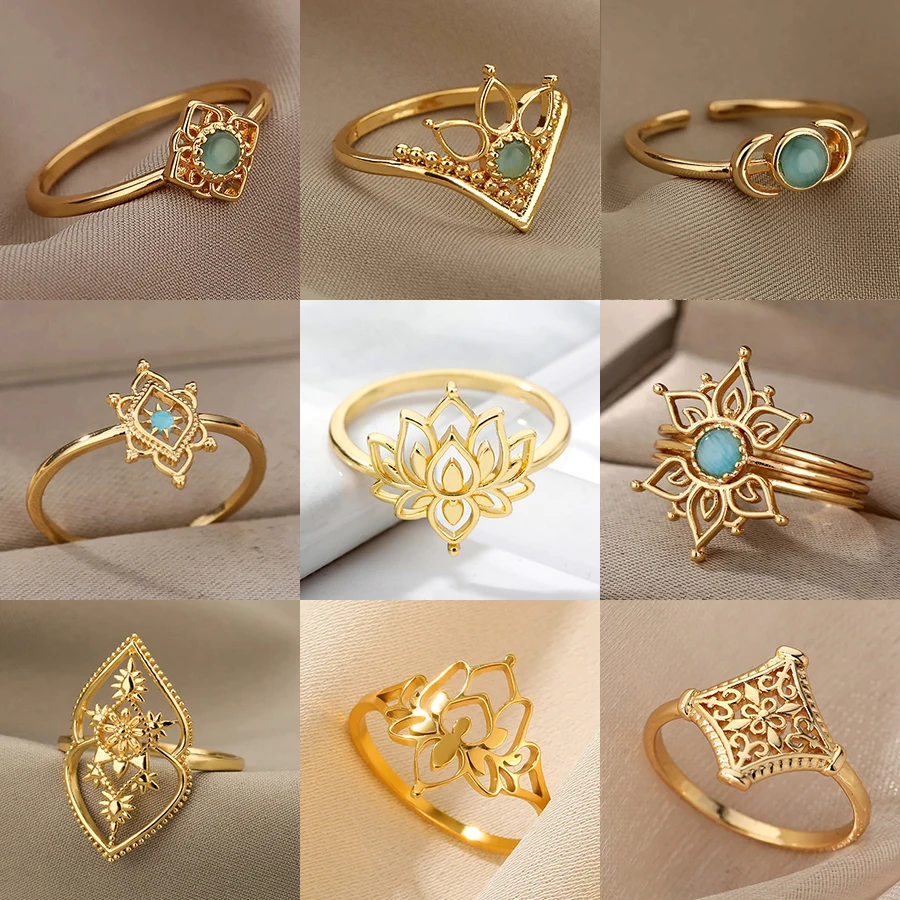 Edelstahl Lotusblume Ring für Frauen Gold Farbe Vintage Stein Opal Oval Blume Ring Mode Ästhetischen Schmuck Geschenk