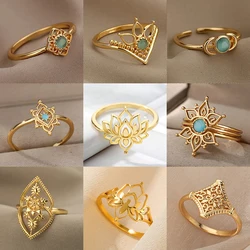 Stainless Steel Lotus Flower Ring for Women Gold Color Vintage Stone Opal Oval Flower Ring Fashion Aesthetic Jewelry Gift