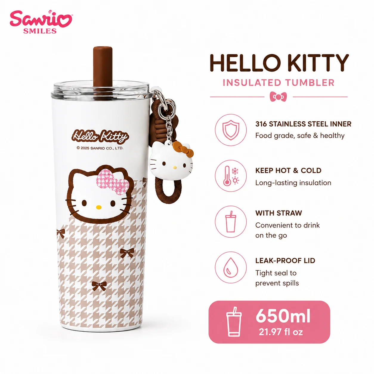 Hello Kitty 650ml Insulated Tumbler with Straw 316 Stainless Steel Thermal Cup Travel Mug Reusable Water Bottle with Charm