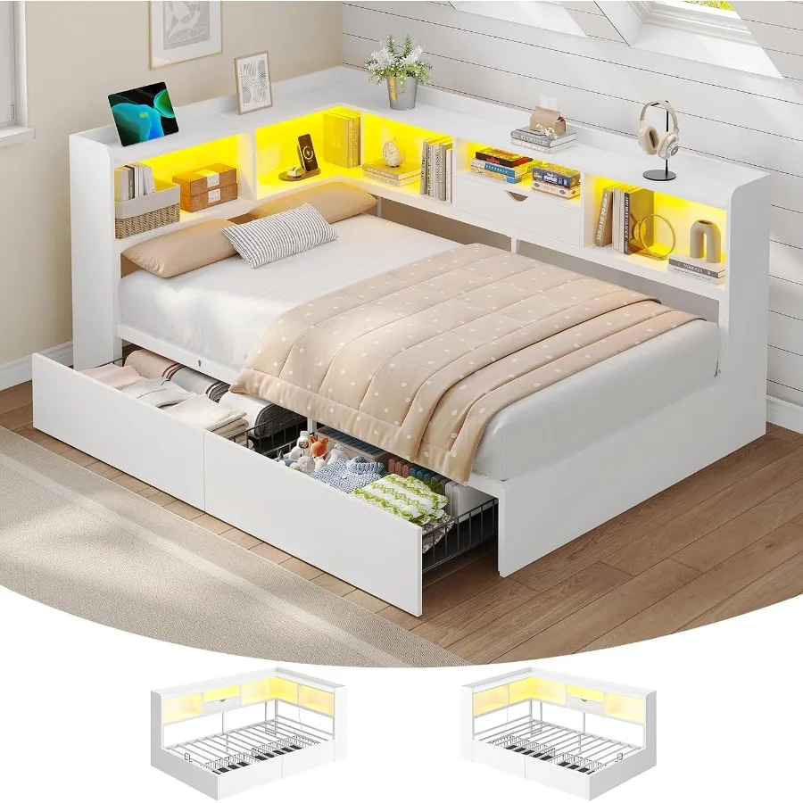 Corner Bed Frame with Storage Drawers, Power Outlet, LED Lights for Modern Bedroom Use, Engineered Wood in Walnut Finish, Space