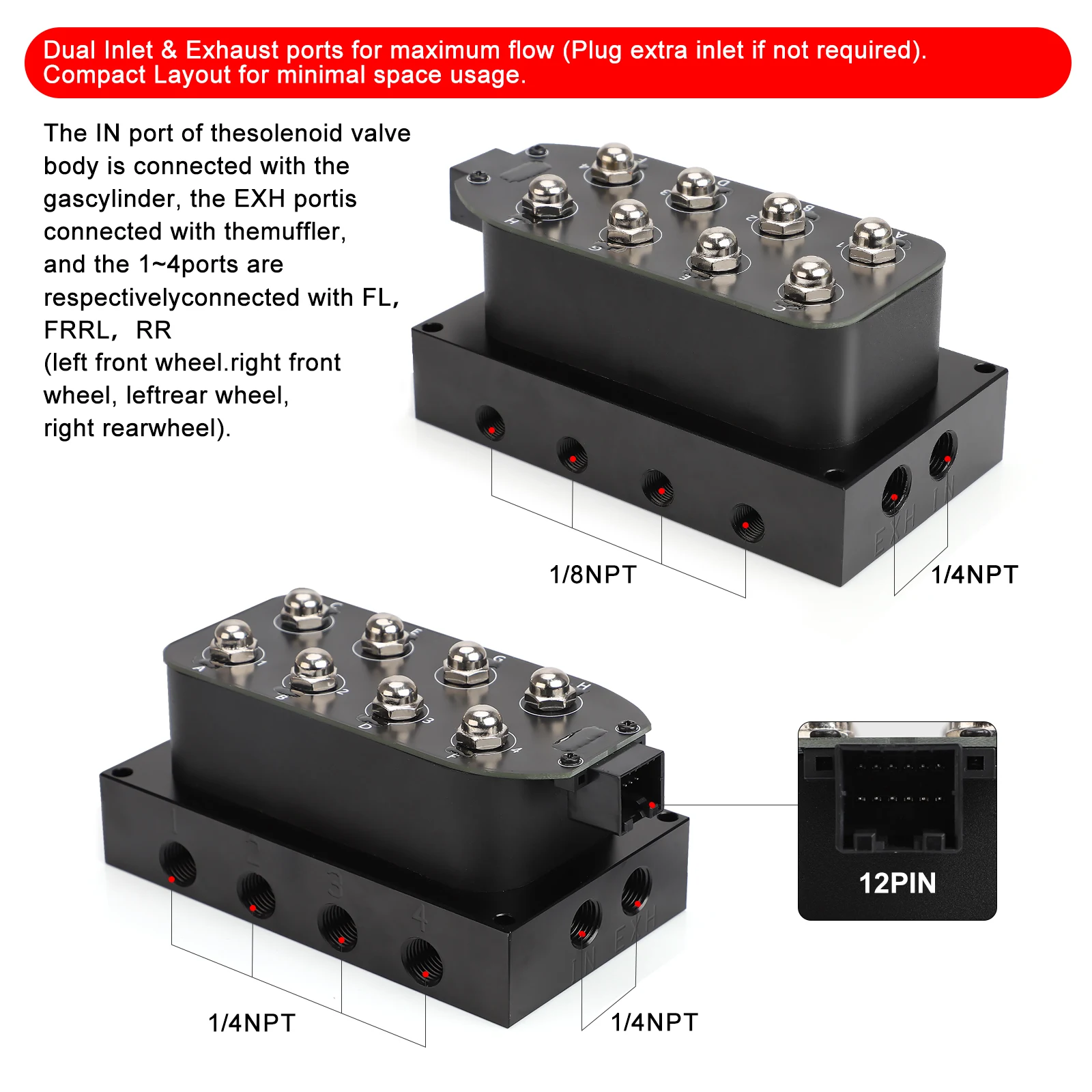 12V Solenoid Valve Air Ride Suspension Manifold Valve 0-200psi/0-300psi Pneumatic Shock Absorber For Auto Fast Control fbss