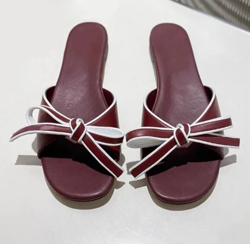 

Fashion Straps Bowtie Peep Toe Flats Slipper Pink Wine Red Butterfly Knot Woman Slingbacks Slip On Slide Sandasl Shoes