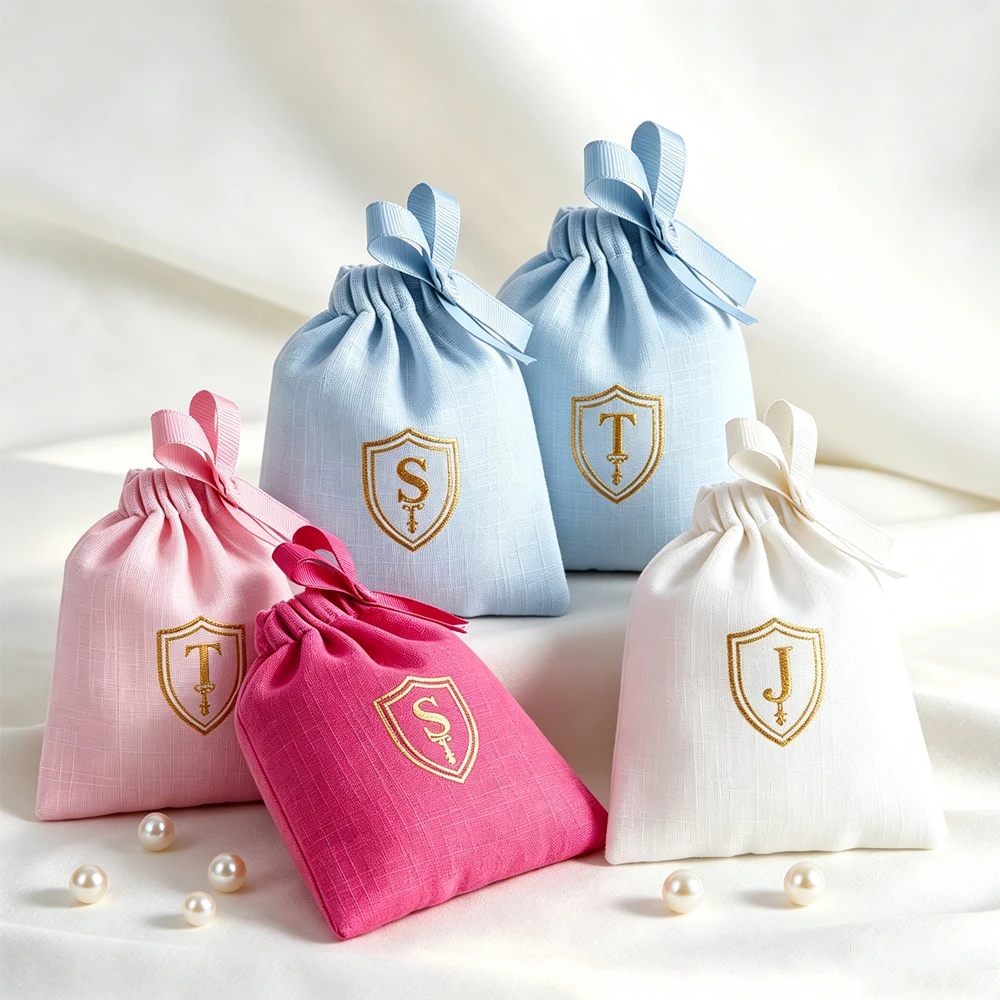 

50Pcs Personalized Logo Jewelry Cotton Drawstring Bag With Ribbon Navy Beige Pouch For Rings Earrings Cosmetic Bracelet Pendent