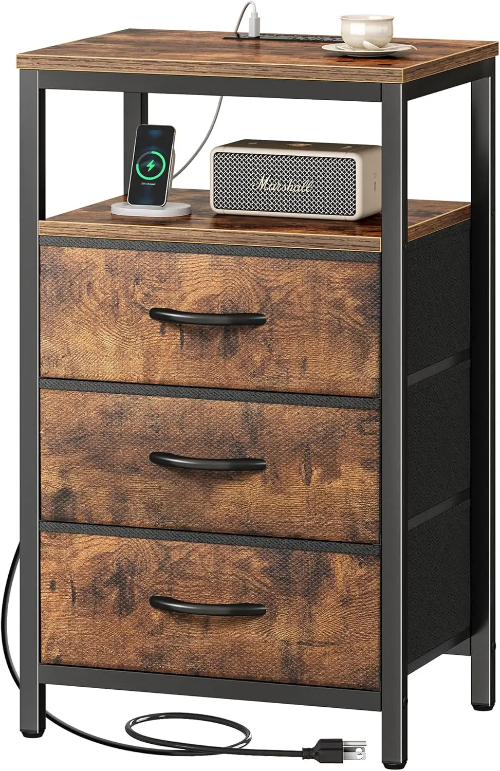 

27.6 Inch Nightstand with Charging Station, USB Ports, Fabric Drawers, Rustic Brown Bedside Table