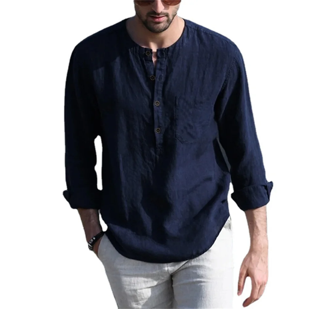 Cotton Line Hot Sale Men\'s Long-Sleeved Shirts Summer Solid Color Stand-Up Collar Casual Beach Style Plus Size