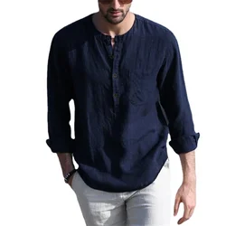 Cotton Line Hot Sale Men's Long-Sleeved Shirts Summer Solid Color  Stand-Up Collar Casual Beach Style Plus Size