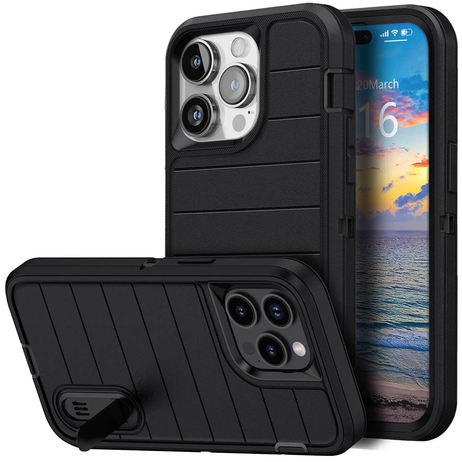 For iPhone 15/iPhone 15 Plus/iPhone 15 Pro/iPhone 15 Pro Max 5G 3-Layers Heavy Duty Protective Kickstand Phone Cover Black Case