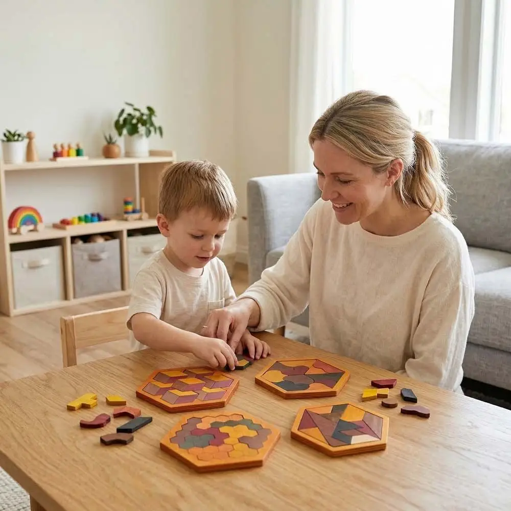 Pattern Cognitive Wooden Tangram Puzzle Interactive Challenges Montessori Puzzles Hexagonal Logical Thinking