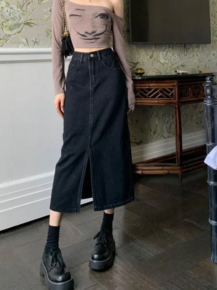 

Черные джинсовые юбки женские с высокой талией сексуальная юбка-миди с разрезом спереди в стиле ретро Hotsweet корейская женская весенняя модная элегантная уличная одежда