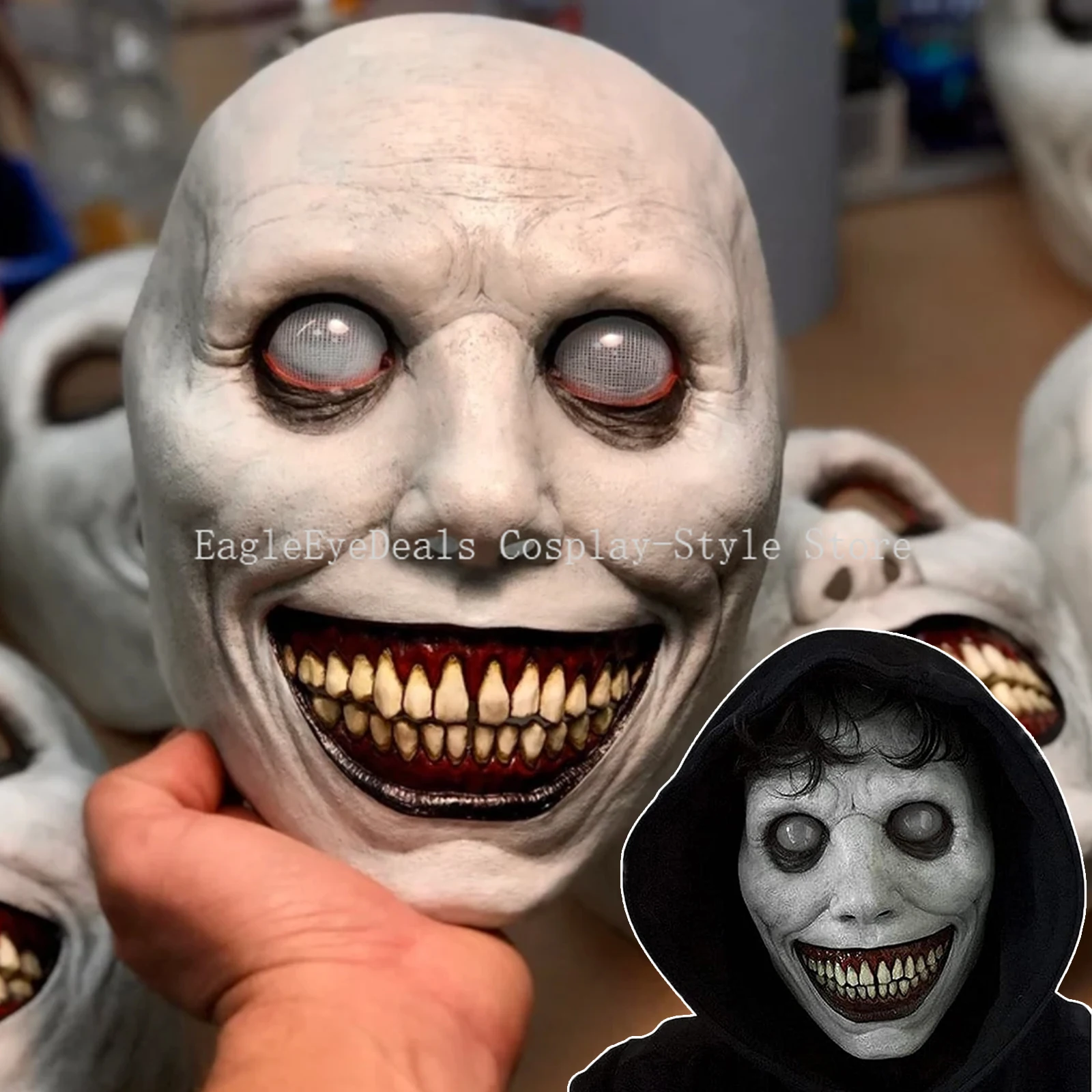 Exorcist Cosplay Smiling Face Demon White Eyes Realistic Mask Horror Scary Evil Creepy Ghost Zombie Skull Halloween Costume Prop