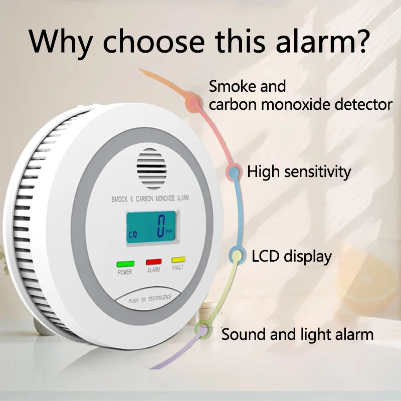 Rauch- und Kohlenmonoxidmelder, 2-in-1-Rauch-CO-Detektor, AA-Batterien, angetriebenes LCD-Display, Hush-Taste, Ton- und Lichtalarm, CE