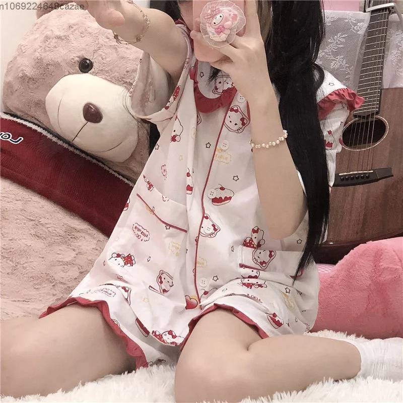 Sanrio Hello Kitty Printed Pajama Girl Cute Pattern Red Edge Homewear Soft Thin Short Sleeve Shorts Home Clothes Set For Women