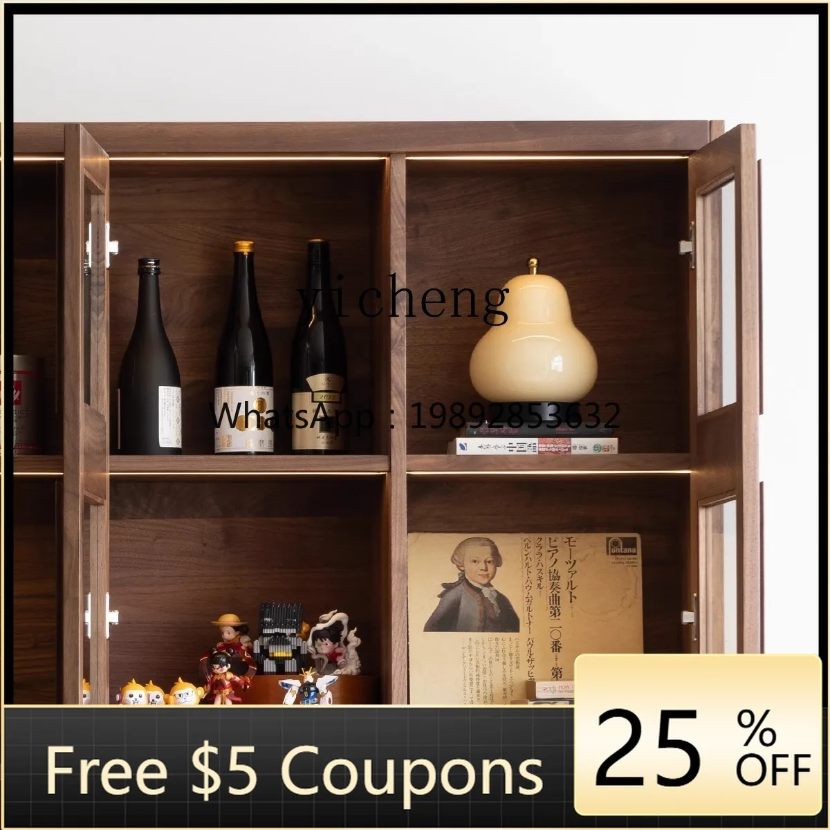 

ZZ Black Walnut Bookcase with Glass Door Solid Wood Display Cabinet Locker