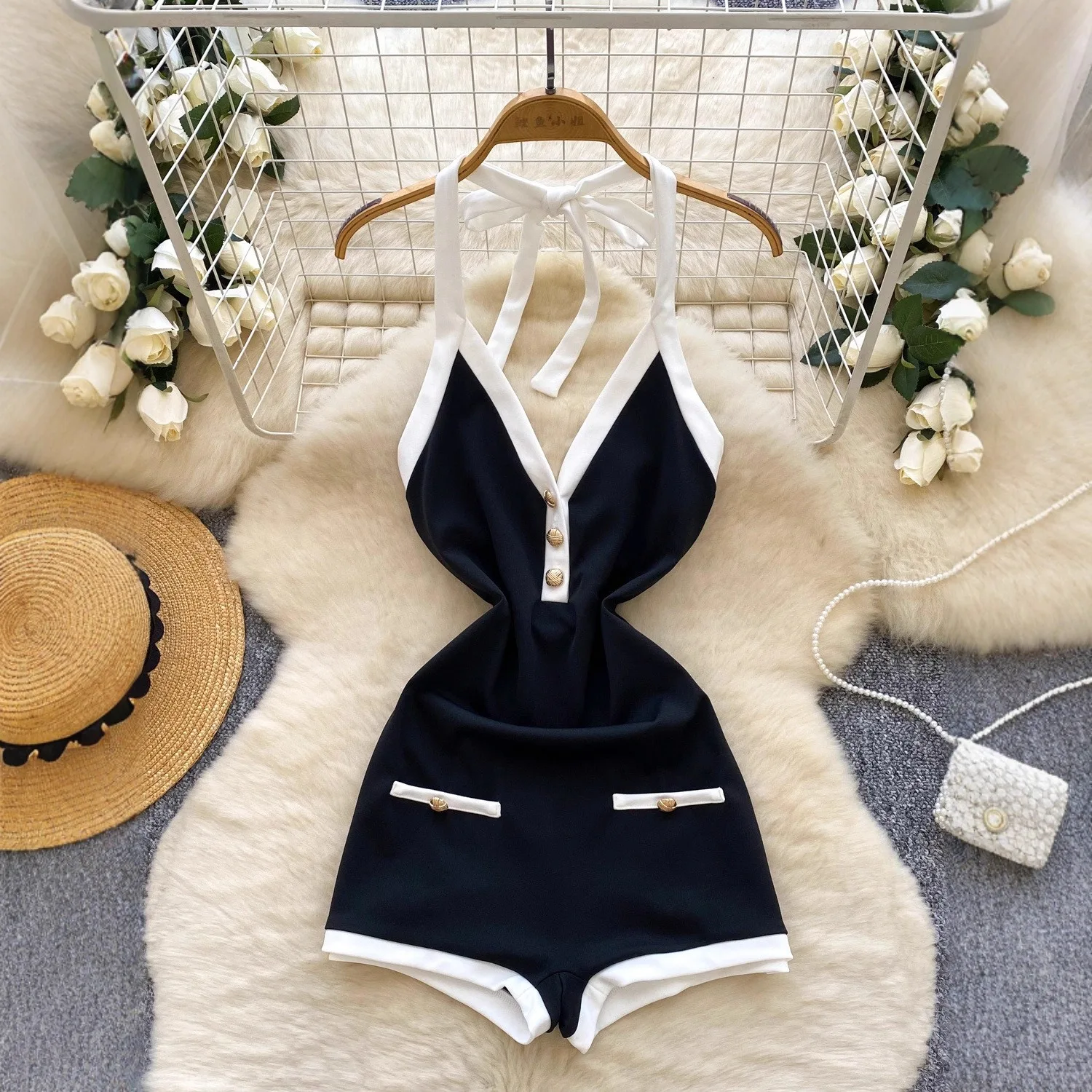 Women Halter Jumpsuit Shorts V Neck Contrast Trim Gold Button Decor Rompers Sleeveless Back Tie Summer Casual Short Playsuit