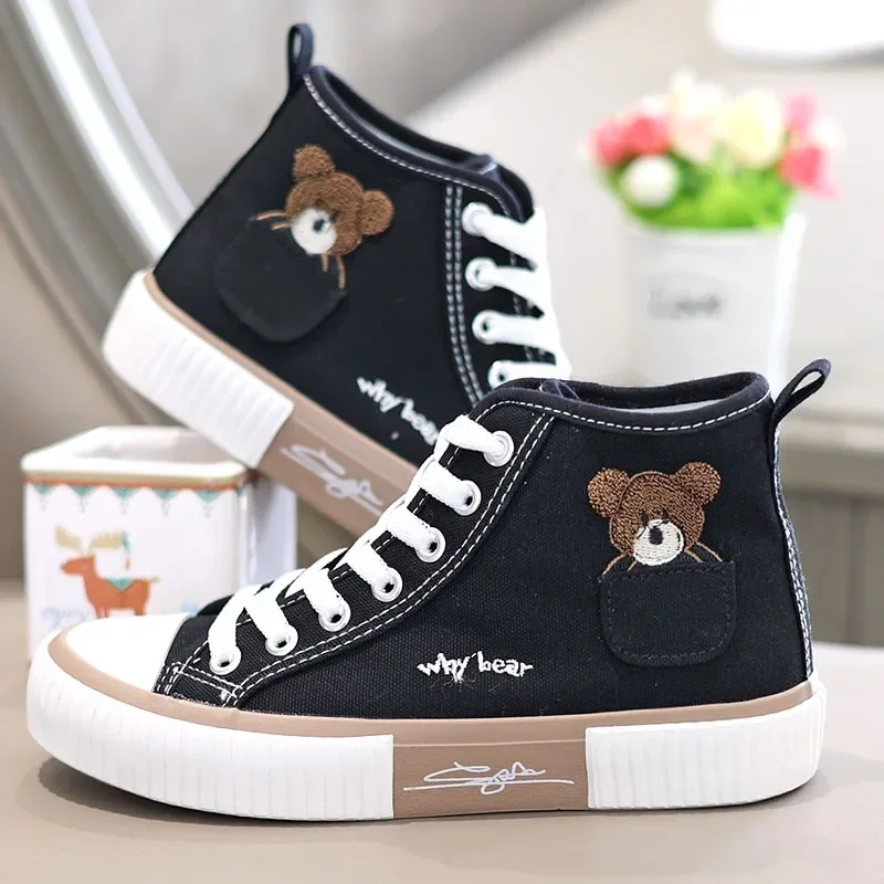 Women Flat Shoes Pocket Little Bear High Top Shoes Women Instagram Canvas Shoes Versatile Board Shoes 2023 New Women Shoes