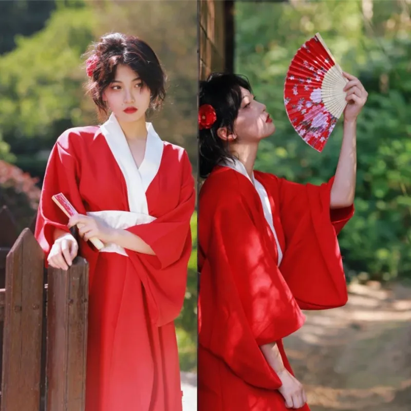

Traditional Japanese Kimono Women's Formal Red Simple Style Photography Travel Theme Photographs Mythical Girl Improved Costume