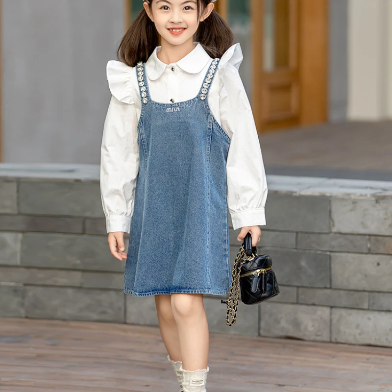 Girl Jeans Strap Shirt Dress 2024 Autumn New French Flocked Sleeve Drill Cute Sweet Tide Comfortable Active