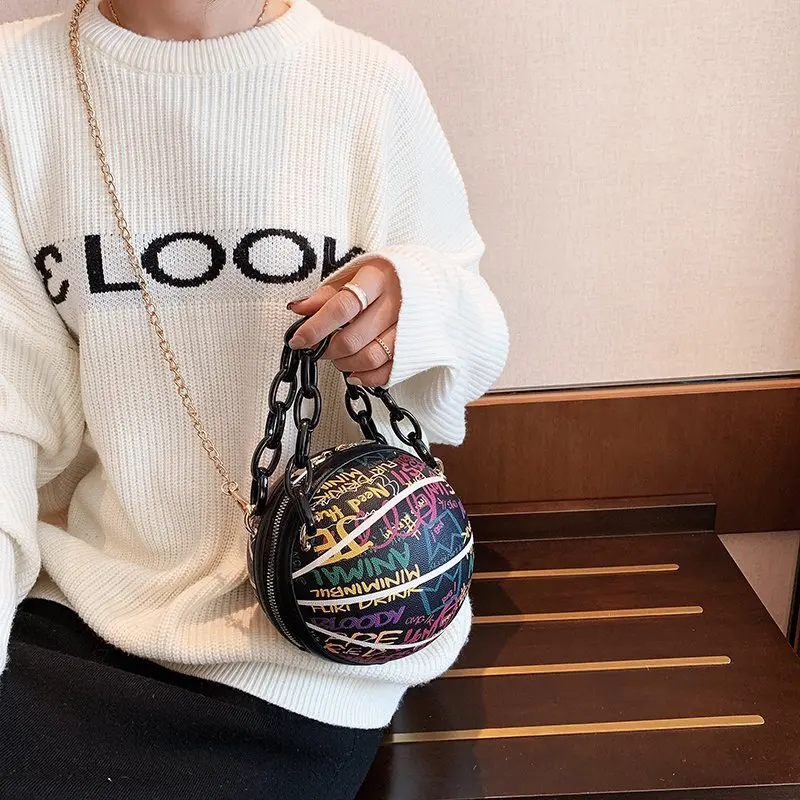 Personality Graffiti Round Ball Bag For Women 2024 PU Leather Crossbody Acrylic Chain Handbags and Purses Female Basketball Bag