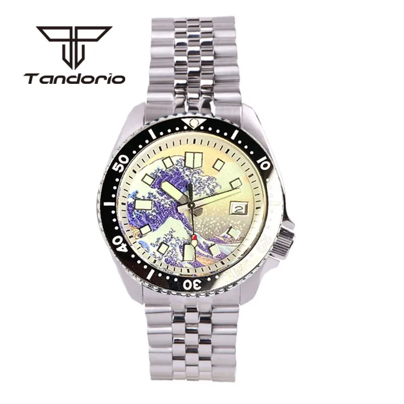 Tandorio NH35A Kanagawa Zifferblatt 41mm Leucht Edelstahl 200m männer Automatische Dive Armbanduhr Saphirglas Datum Display