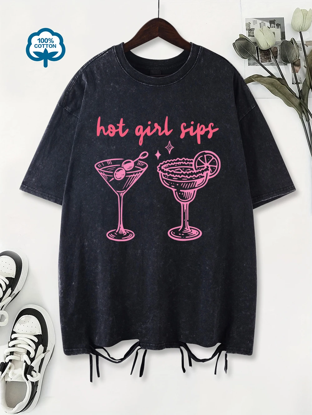 

100% Cotton Washed T-Shirt Women Oversized Fruit Drinks Printed Tops O-Neck Distressed Holes Streetwear Summer Womans Clothes