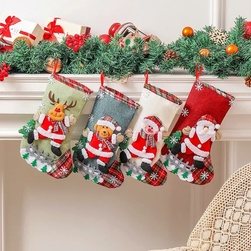 Christmas Socks Fireplace Christmas Ornaments Linen Snowman Decoration Bear Hanging Decor Pendant Kids Gift Candy Bag for home