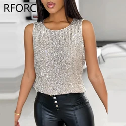 2024 Women Chic Sequins Decoration Tank Sleeveless Sexy Camis Crop Tops