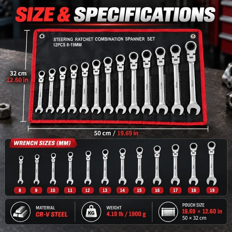 12PCS 8-19mm Metric Ratchet Wrench Set, CR-V Steel Flex Head Combination Spanners, 72-Tooth Gear, 180° Pivot and Storage Pouch