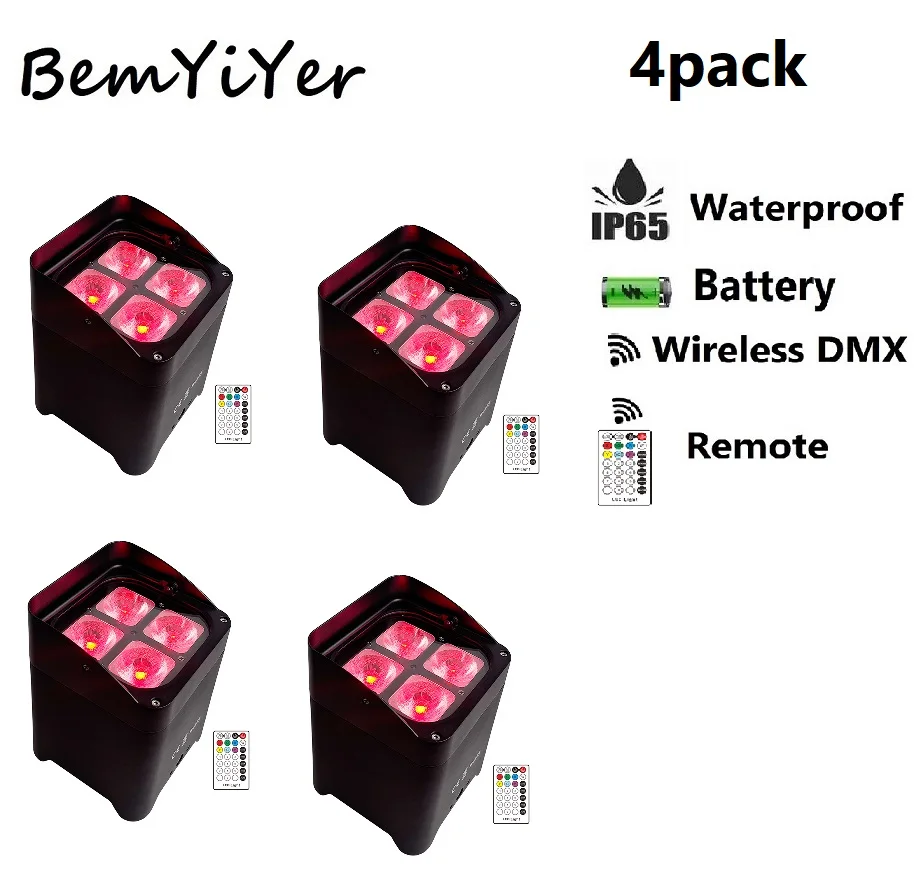 

BemYiYer 4pack 4x18W LED Par Uplights outdoor IP65 Battery operated Wireless DMX IR/RGBWA+UV 6in1 for DJ party wedding