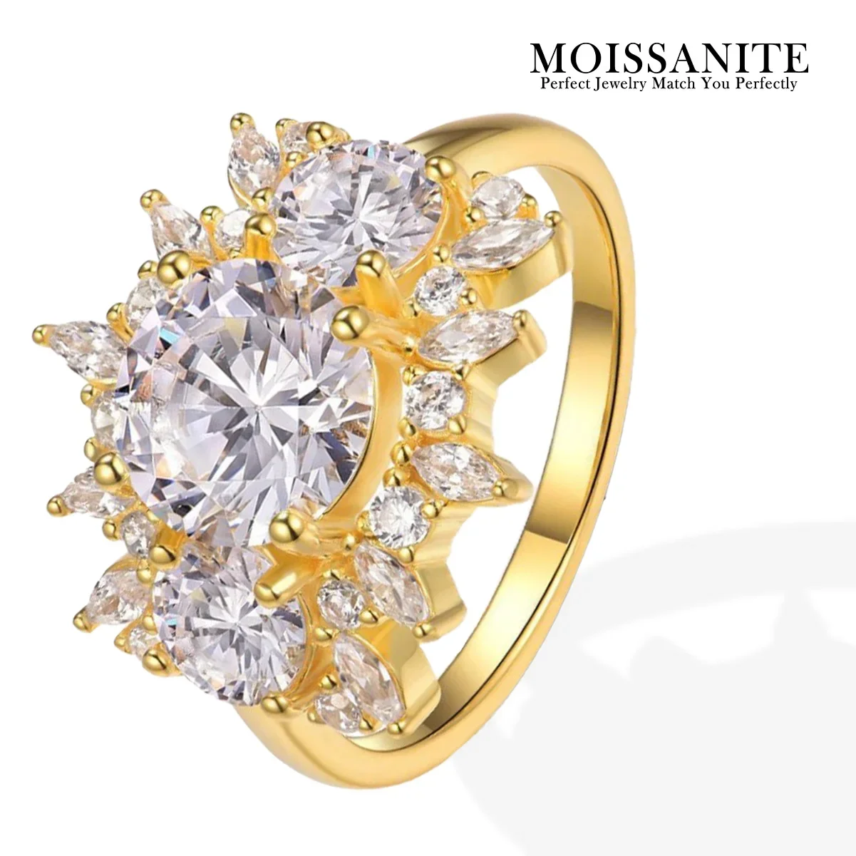 

Кольцо с муассанитом на 2 карата, цветочный кластер, стиль Halo, стерлинговое серебро 925 пробы, позолоченное 18 карат, роскошное элегантное, поставляется с сертификатом GRA