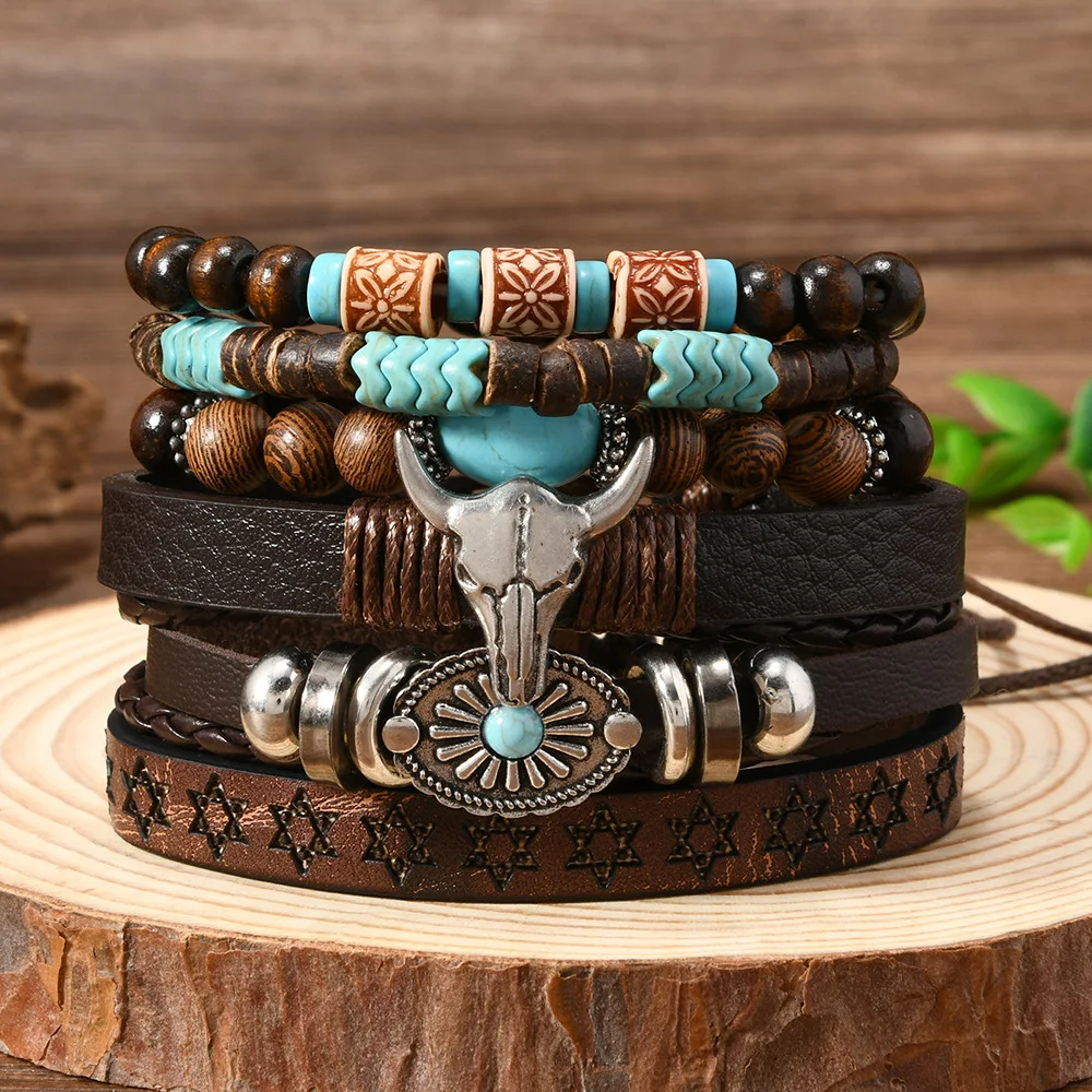 Western Denim style fashion men's leather bracelet skull cow head zinc alloy accessories 6-piece cowhide bracelet