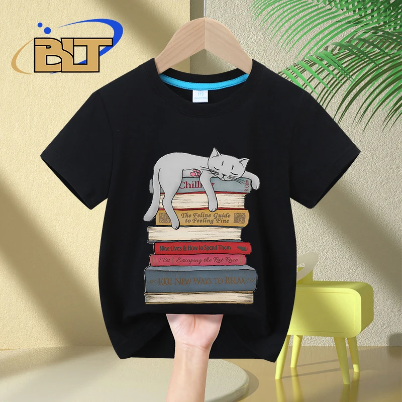 How to Chill Like a Cat printed T-Shirt children's summer pure cotton short-sleeved casual tops boys and girls gifts