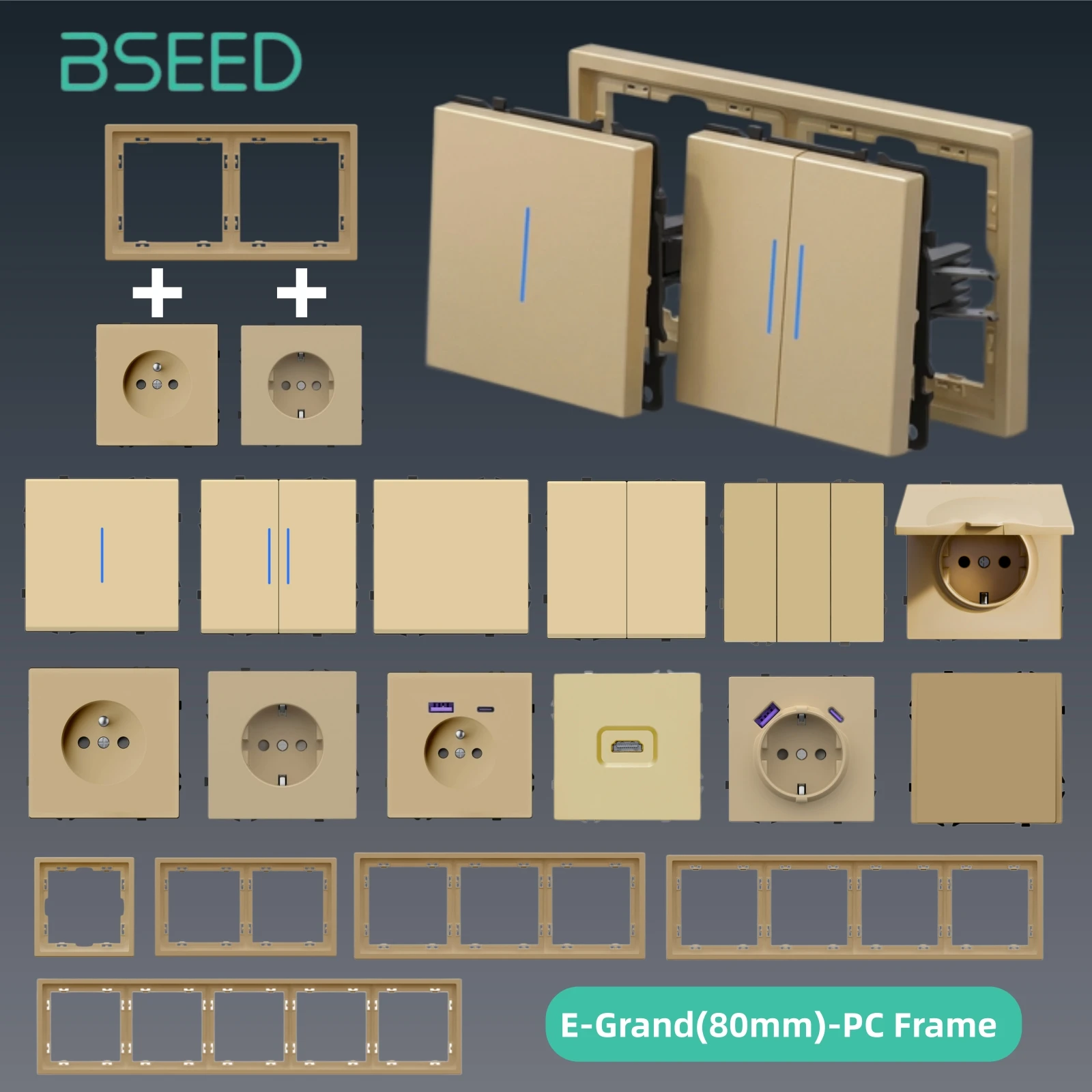 BSEED Mechanical Light Switches 1/2/3Gang 1/2/3Way EU Power Sockets USB Type-c Ports DIY Function Parts Gold Plastic Frames