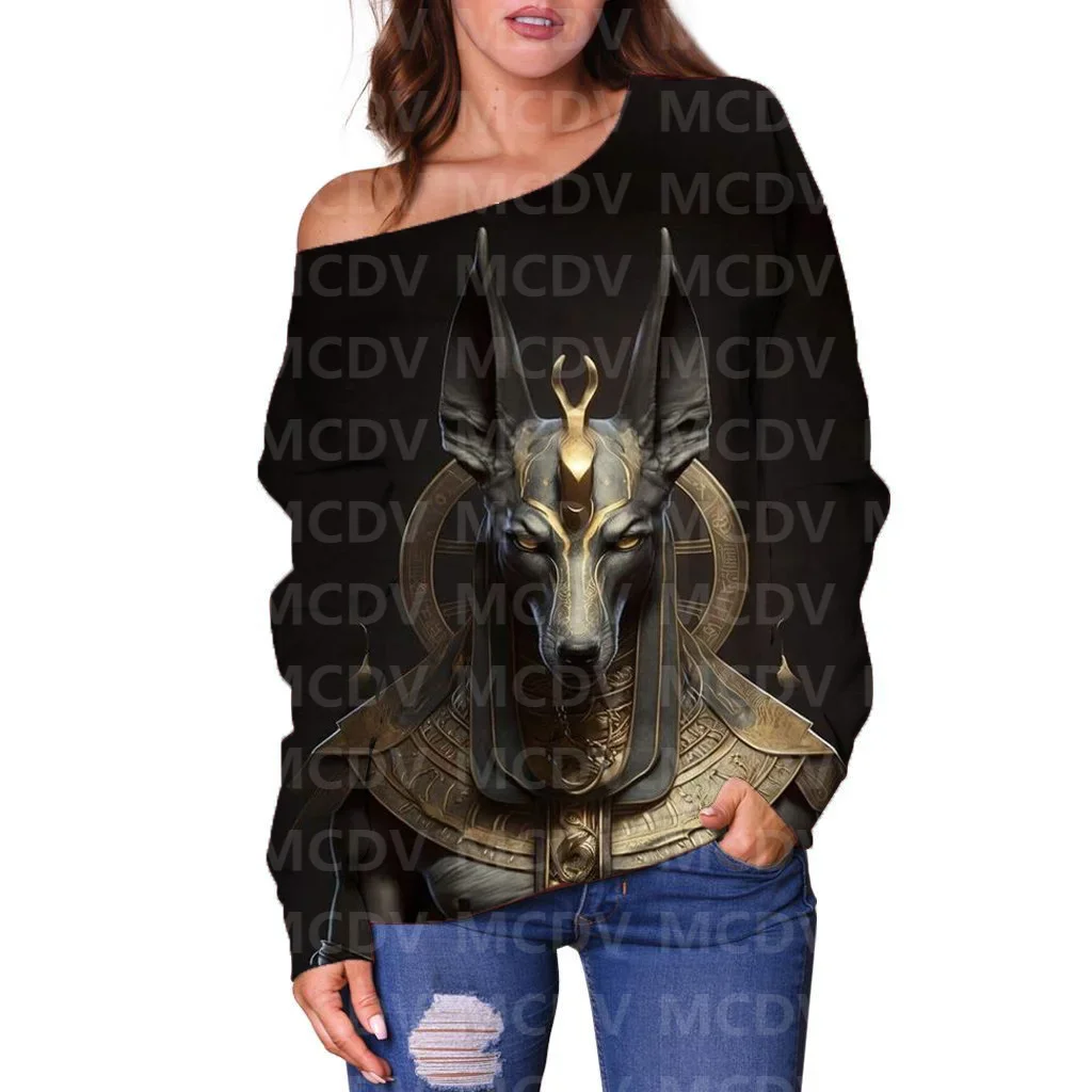 Women's Off Shoulder Sweater Pharaoh 3D Printed Women Casual Long Sleeve Sweater Pullover