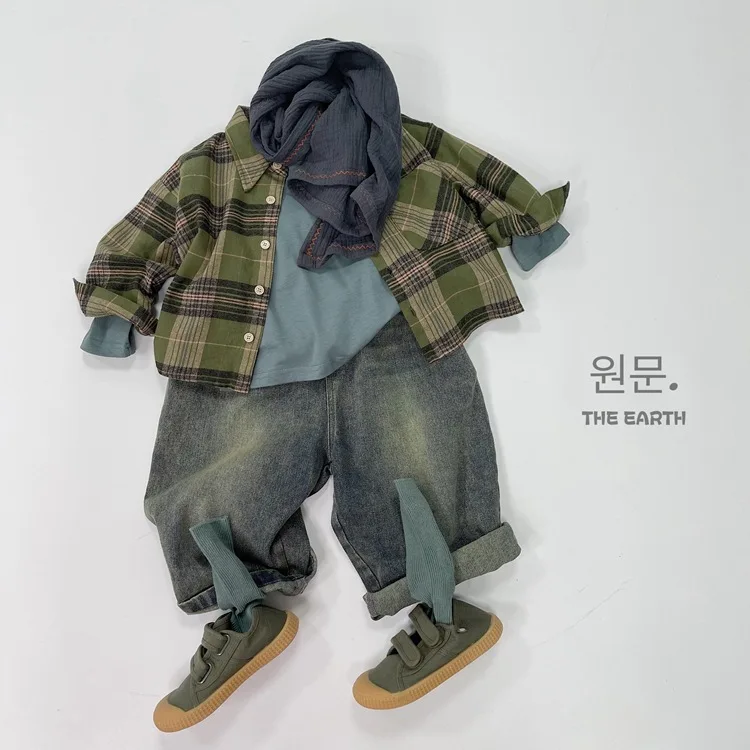 

Модные винтажные прямые джинсы для детей, осенние новые детские джинсовые брюки, свободные повседневные широкие штаны для мальчиков и девочек