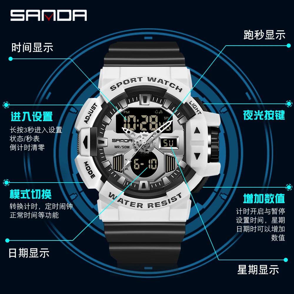 SANDA 2024 jam tangan pria, arloji baru Display ganda, tahan air 50M, jam tangan olahraga militer kuarsa 3129