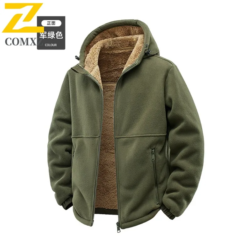 COMXZ 2025 Hooded Fleece Jacket Men Autumn Winter Thick Polar Fleece Casual Hoodie Loose Plus Size Lamb Fleece Coat 9099M New