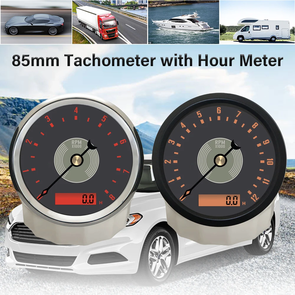 ELING 85mm Classical Tachometer 0-8000RPM 0-12000RPM Gauge REV Counter with Backlight 12V 24Volts for Car Motorcycle Truck SUV