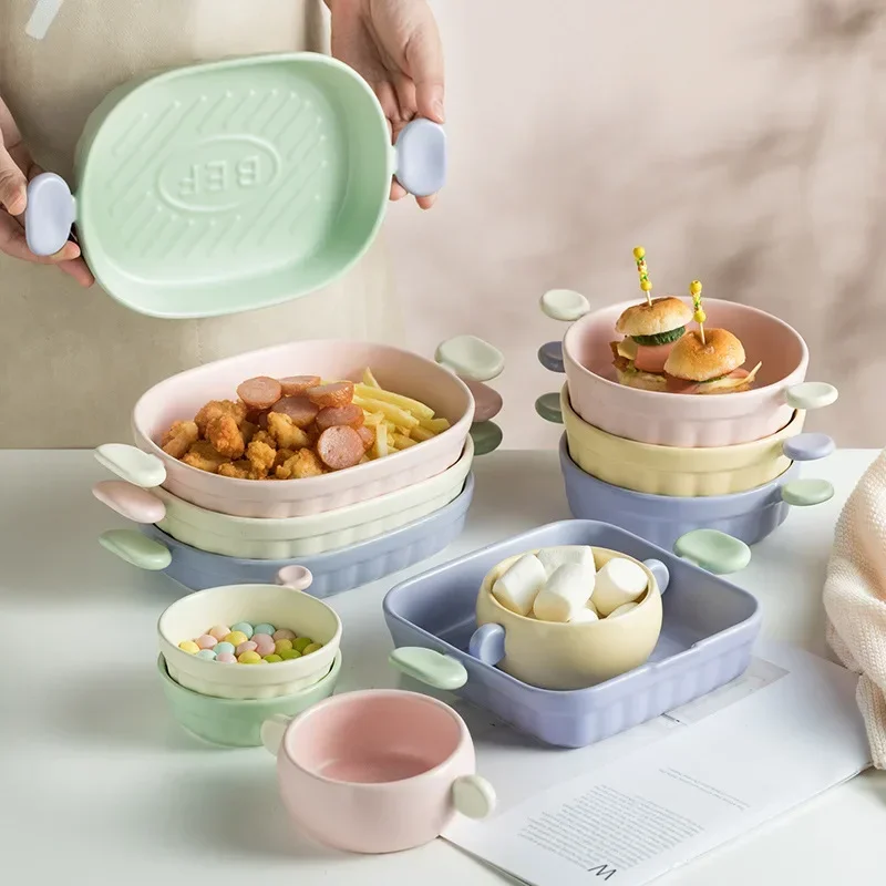 New Le Le Kou Bakery Plate, Double Ear Plate, Vegetable Plate, Home Creative Ceramic Dining , Breakfast Plate