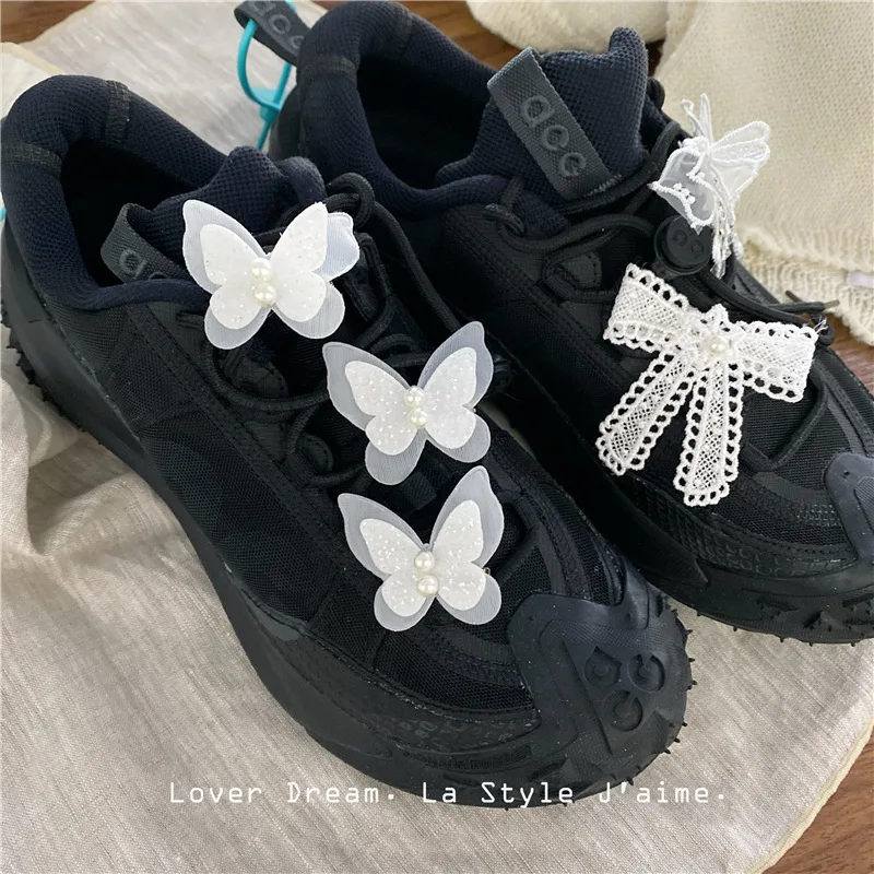 Shoe Clips Faux Pearl Rhinestone Lace Bow Classic Tweed Non Slip Durable Lightweight Versatile for Sneakers Sandals Women Girls