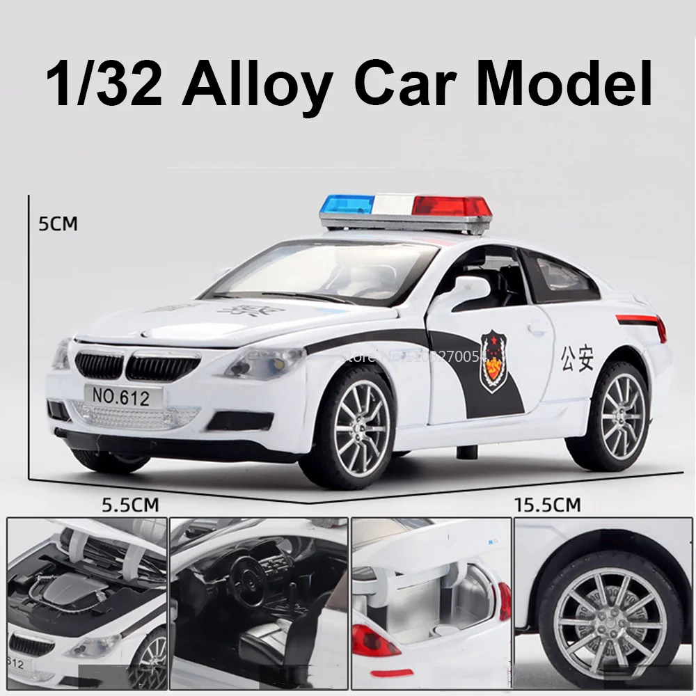 1/32 Alloy Police Car Model Toys Diecast Metal Body With Pull Back Sound Light 4 Door Opened Vehicle Kids Gift Boy Birthday Gift