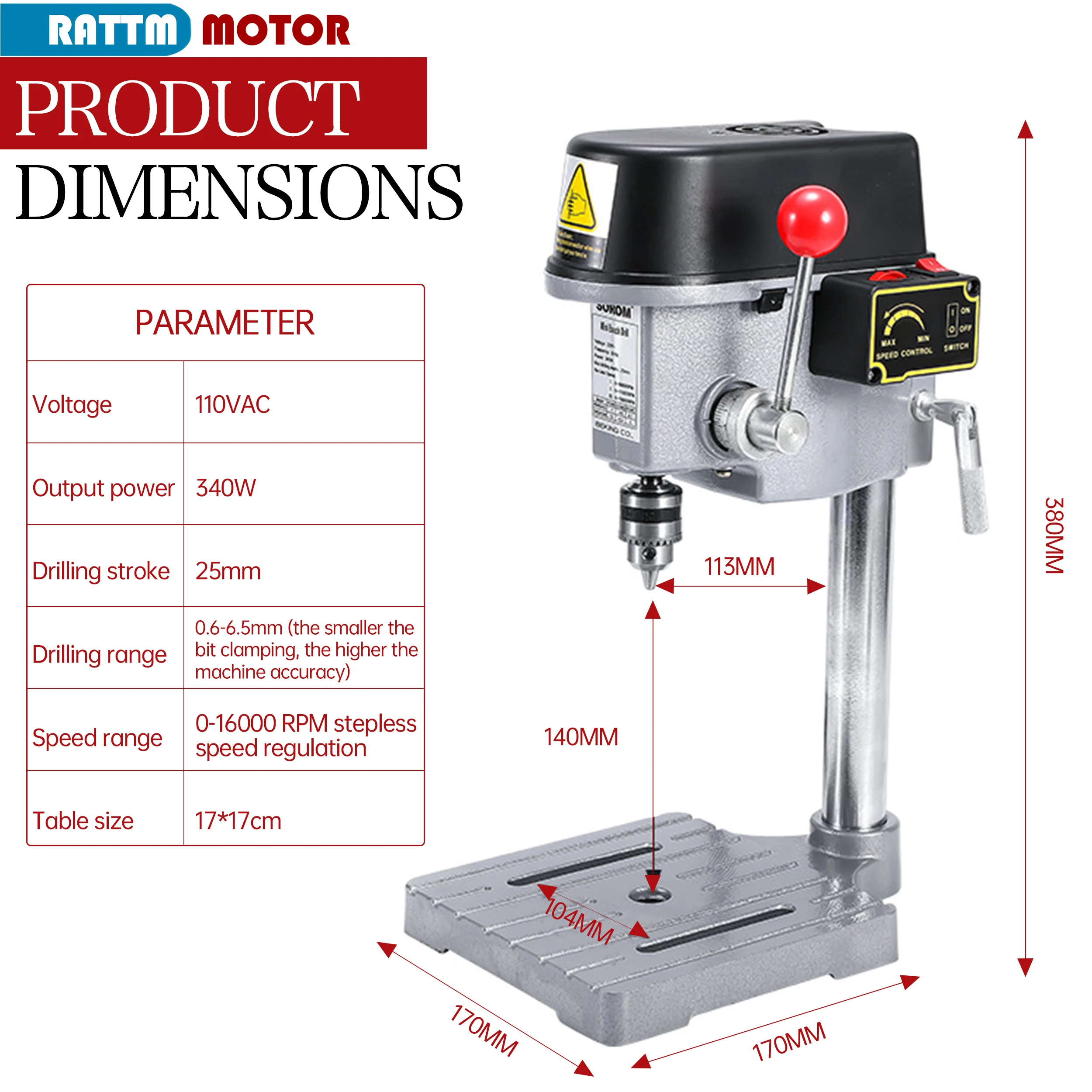 340W Mini Metal Bench Table drill Stoke 25mm 110V / 220V