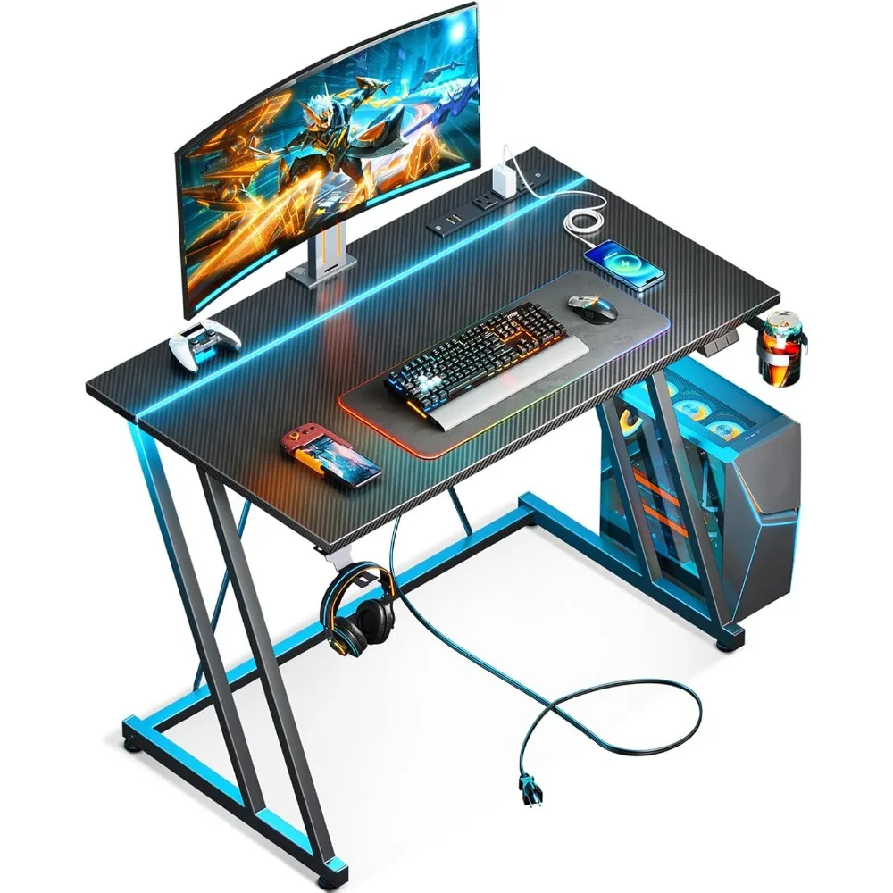 32 Inch Small Gaming Desk with LED Lights & Power Outlet, Computer Desk for Small Space, Gaming Table with Carbon Fiber Texture