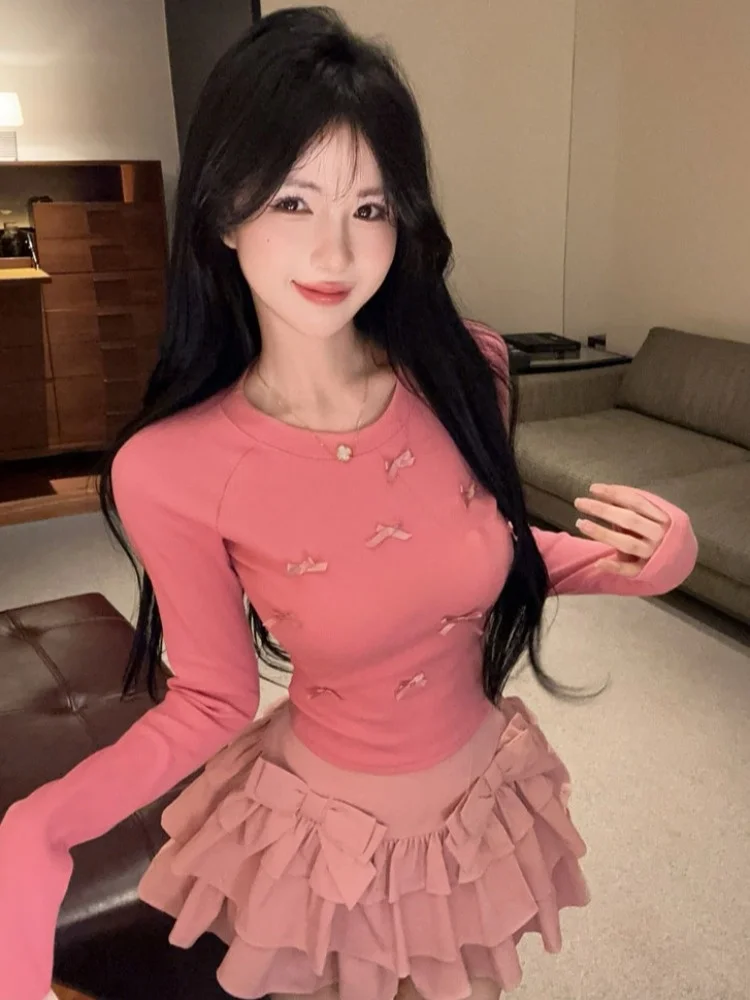 

Sweet Embroidered Long Sleeve T-Shirt And Puffy Skirt Set for Women Korean Style Commute Knot High Waist Dress