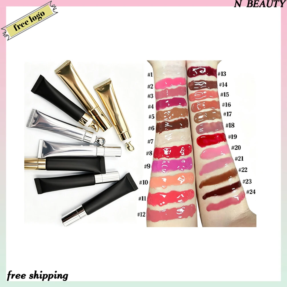 24-color Peptide Massage Head Lip Gloss Custom Logo 15ml Vegan Long Lasting Moisturizing Non-stick Private Label Makeup Bulk