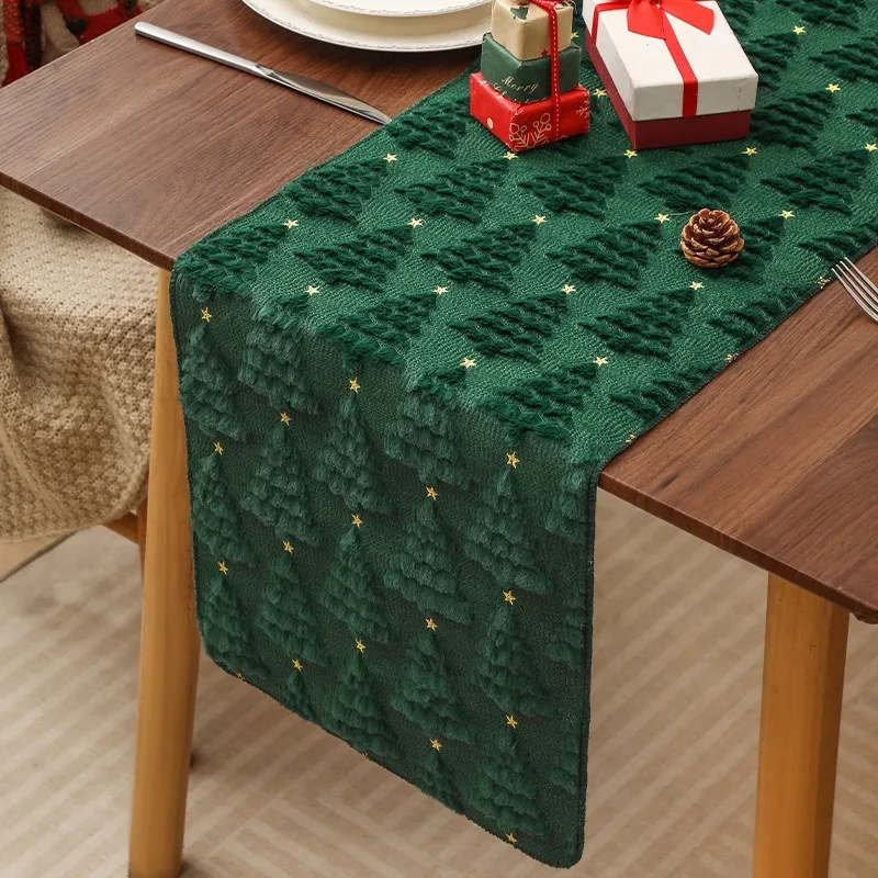 Christmas Tree Textured Table Runner, Plush Fluffy Table Runner with Golden Stars, Farmhouse Dining Table Decor for Xmas Party