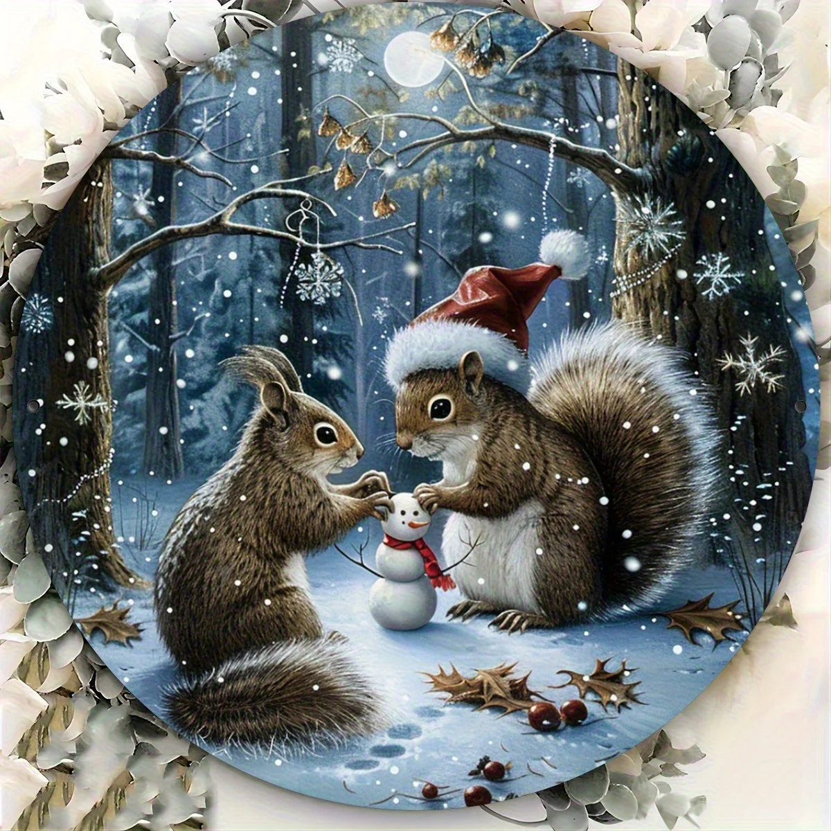 مسطح ثنائي الأبعاد، قطعة واحدة من لافتة الألومنيوم العتيقة - فن جداري لمشهد الشتاء على شكل سنجاب عيد الميلاد، ديكور معدني ريفي مقاس 8 × 8 بوصة للداخلية/الخارجية #5