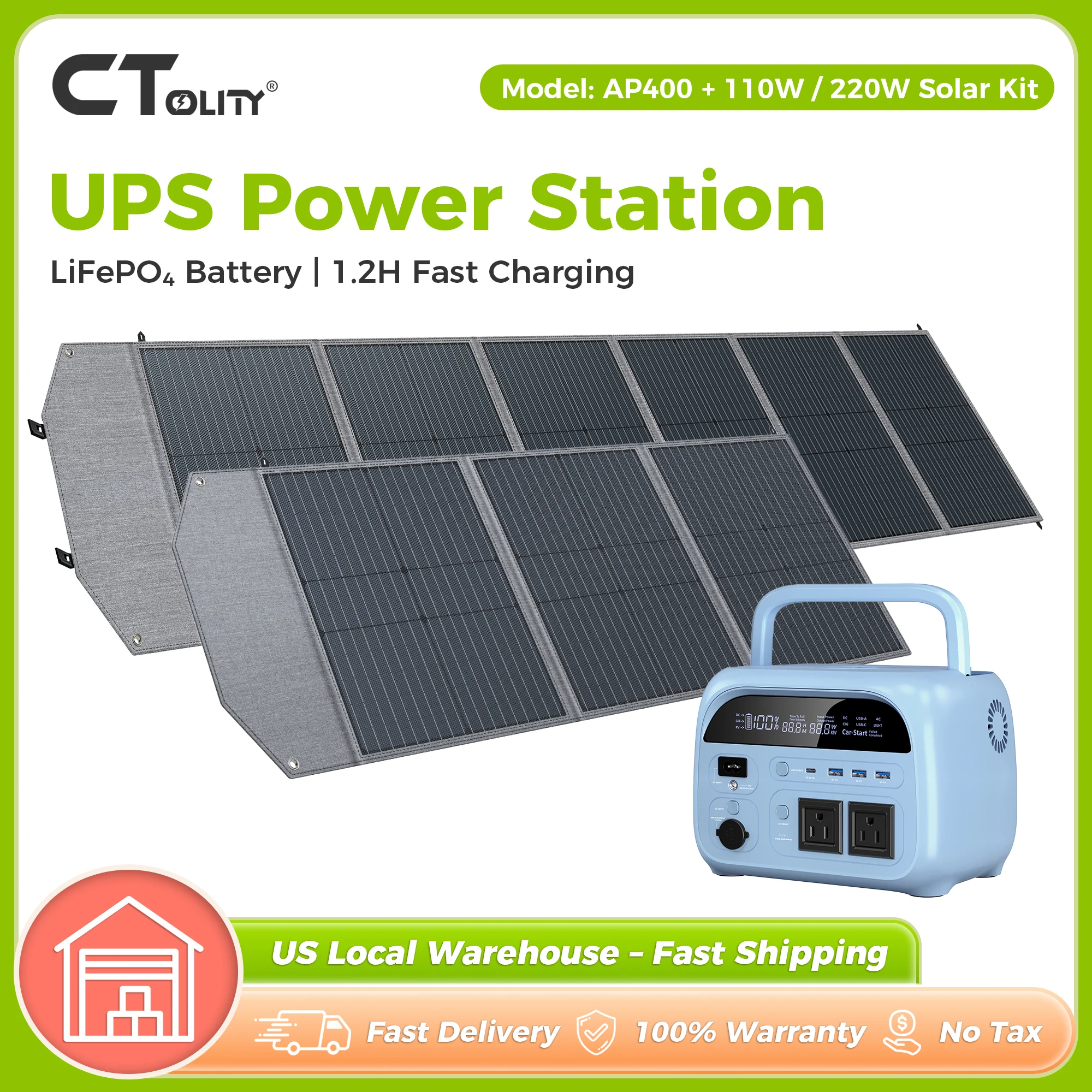 CTOLITY 500W Power Station 110W 220W Solar Panel 20.5V USB TYPE-C Portable Power Bank 345.6Wh Lifepo4 Battery Charging Station