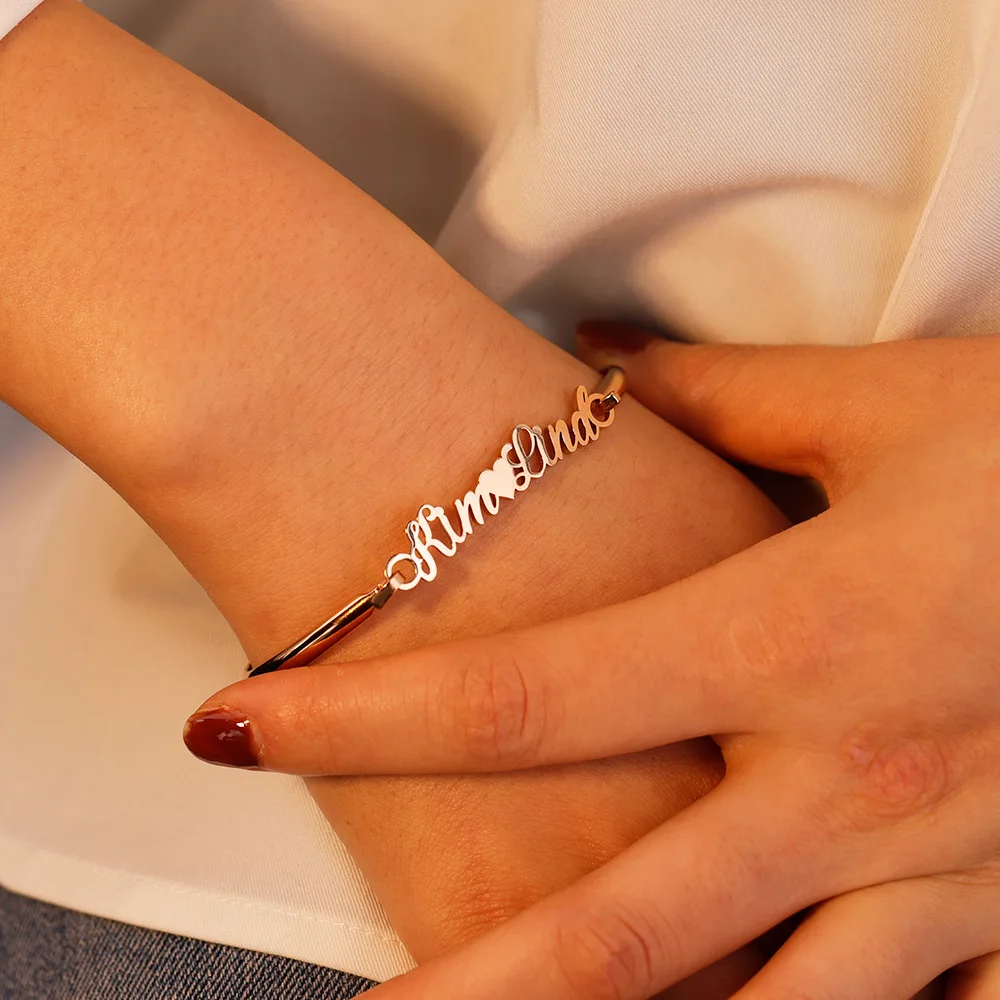 

Customized Name Bangles for Women Stainless Steel Personalized Bracelets Charm Jewelry Gift Couple Gifts