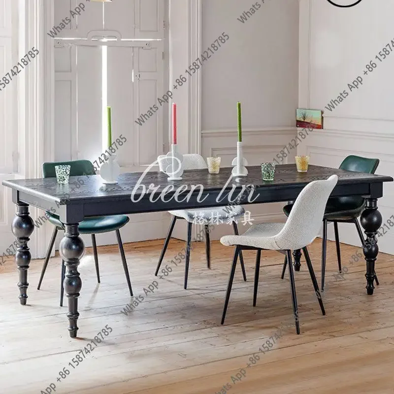 LZ French vintage black solid wood table/neoclassical rectangular dining table/second-hand solid wood home dining table