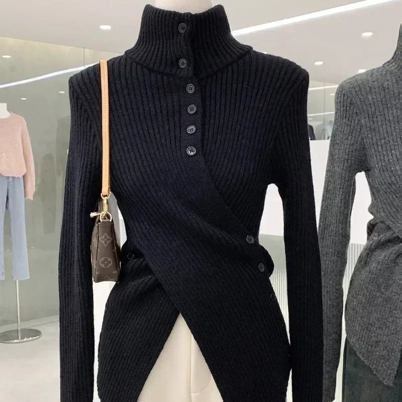 Korean Chic Elegant Slim Fit Cardigan Cross Button Simple Long Sleeve Turtleneck Sweaters 2024 Autumn New All-match Solid Jumper